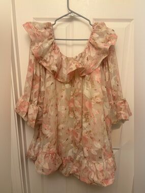Missguided+ Floral Ruffle Off-Shoulder Tunic Dress in Pink and Cream